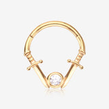 Golden Double Dagger Sparkle Emblem Steel Clicker Hoop Ring-Clear Gem