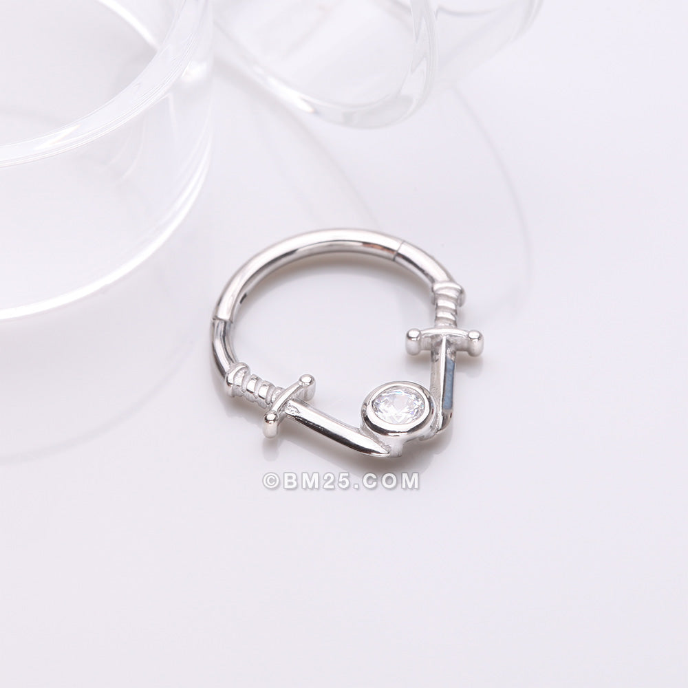 Detail View 1 of Double Dagger Sparkle Emblem Steel Clicker Hoop Ring-Clear Gem