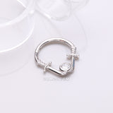 Detail View 1 of Double Dagger Sparkle Emblem Steel Clicker Hoop Ring-Clear Gem