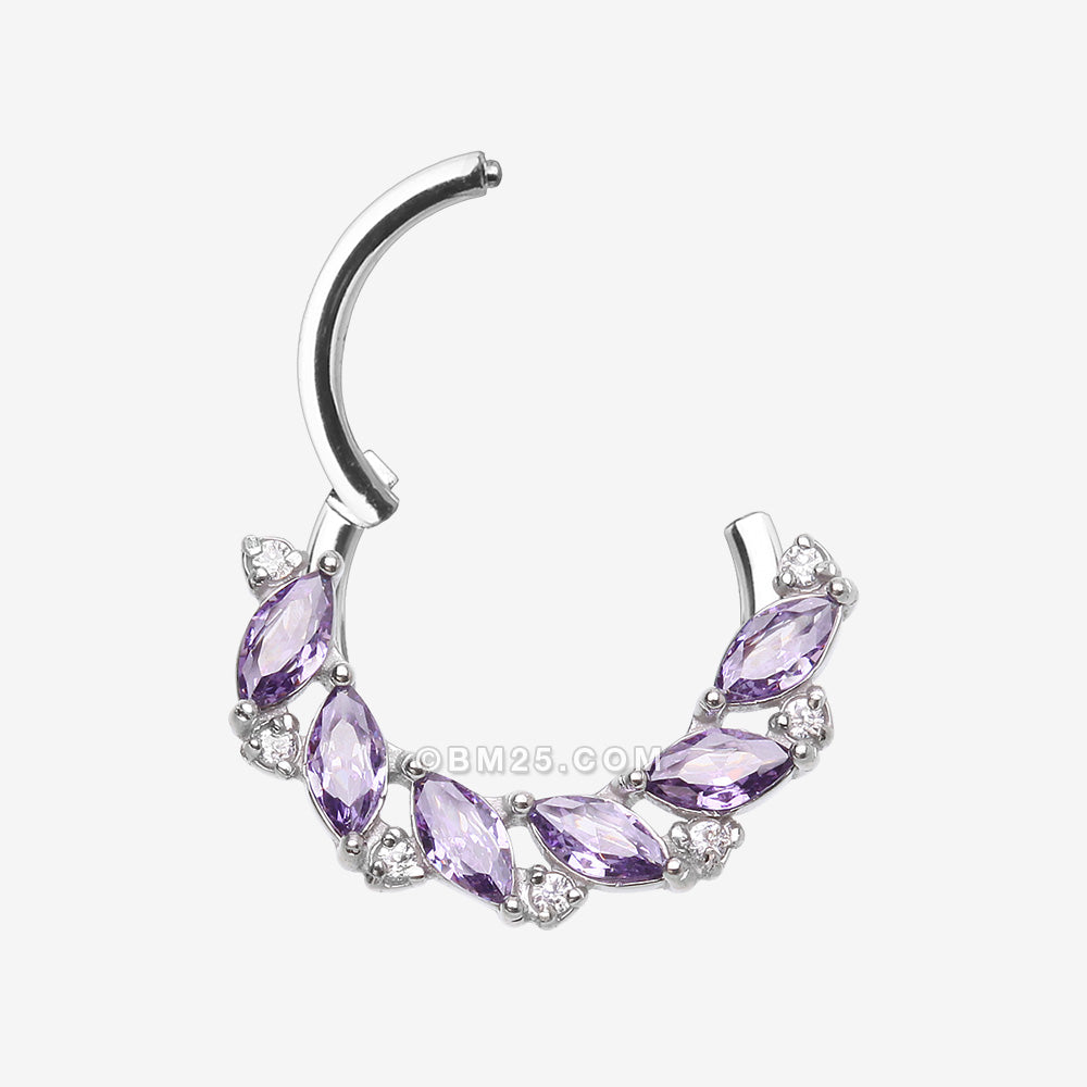 Detail View 1 of Brilliant Sparkle Marquise Floral Wreath Clicker Hoop Ring-Amethyst/Clear Gem