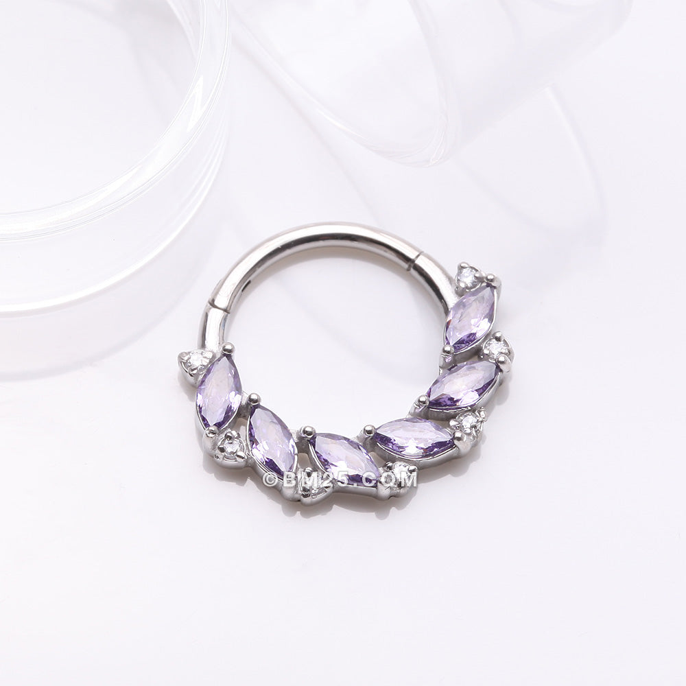 Detail View 2 of Brilliant Sparkle Marquise Floral Wreath Clicker Hoop Ring-Amethyst/Clear Gem