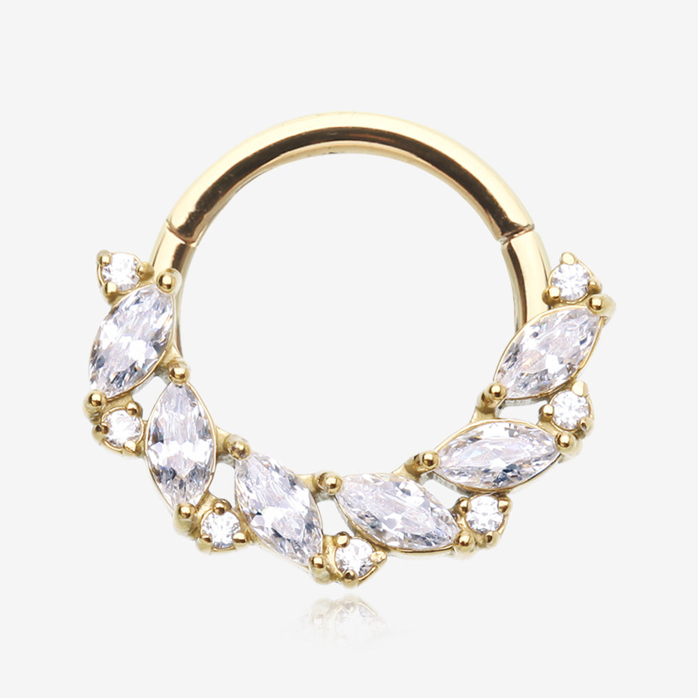 Golden Brilliant Sparkle Marquise Weave Wreath Clicker Hoop Ring-Clear Gem