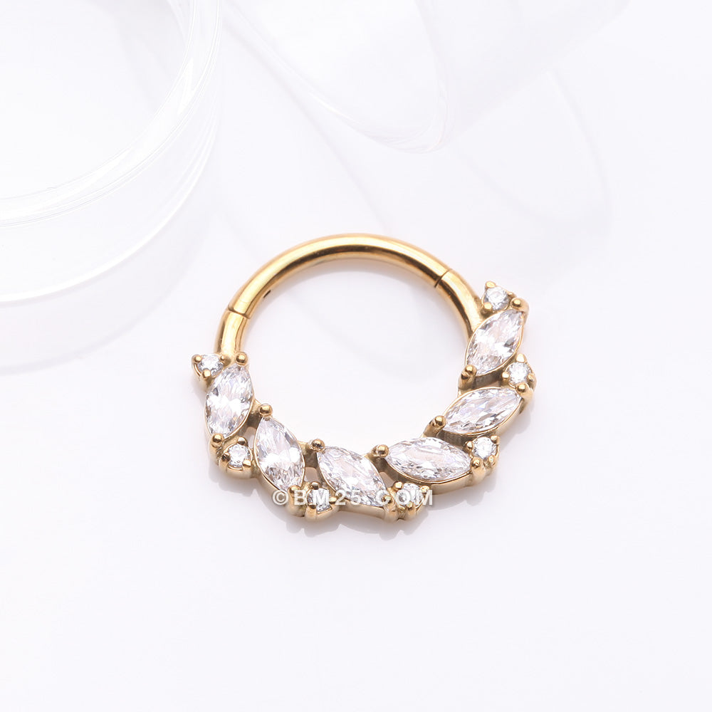 Detail View 2 of Golden Brilliant Sparkle Marquise Weave Wreath Clicker Hoop Ring-Clear Gem