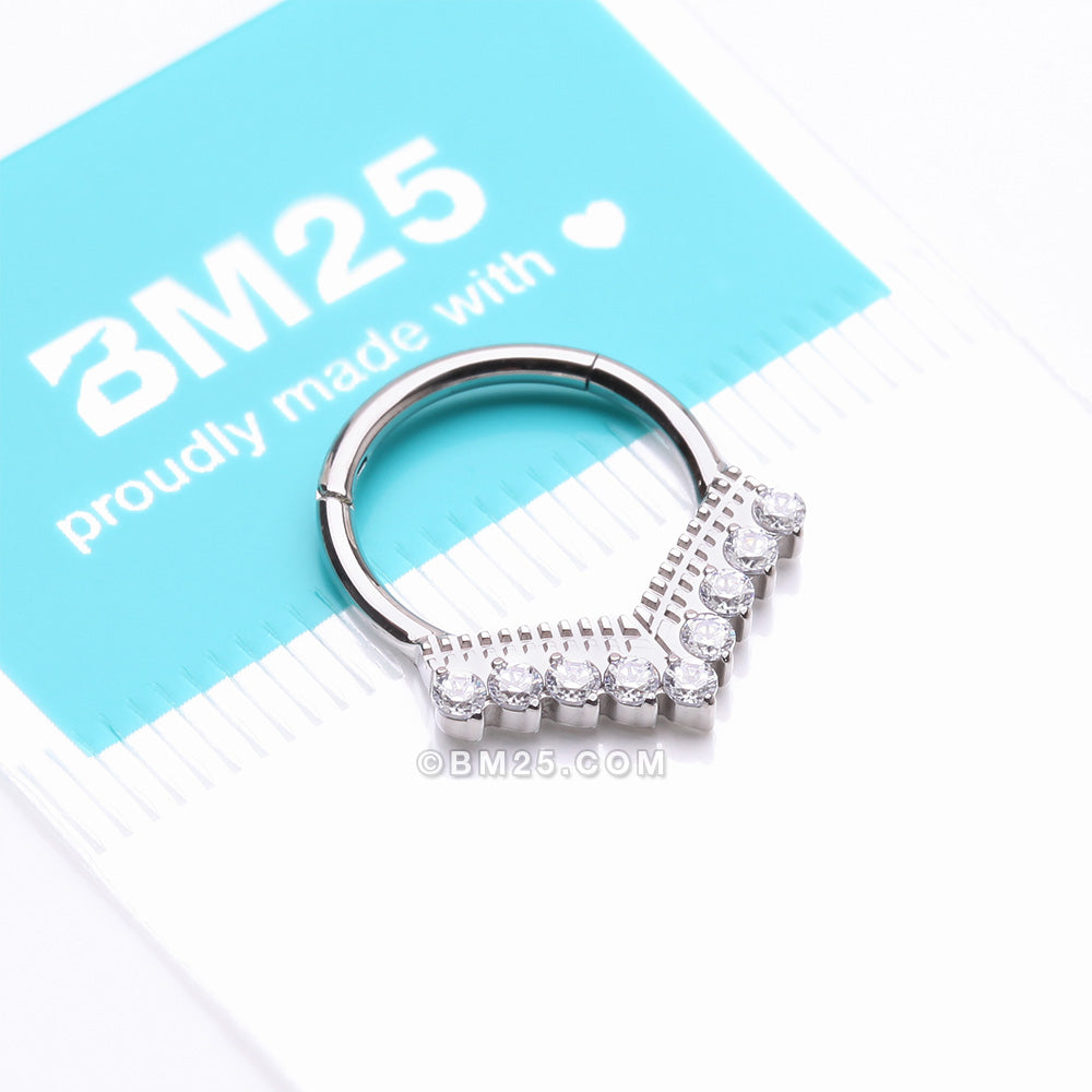 Detail View 4 of Implant Grade Titanium Majestic Chevron Sparkle Clicker Hoop Ring-Clear Gem