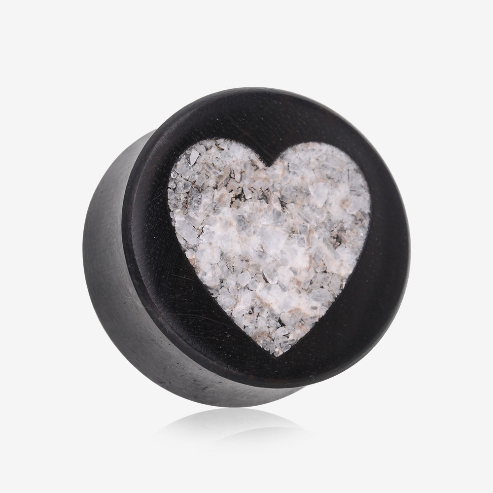 A Pair of Crystal Quartz Heart Inlay Ebony Wood Double Flared Ear Gauge Plug
