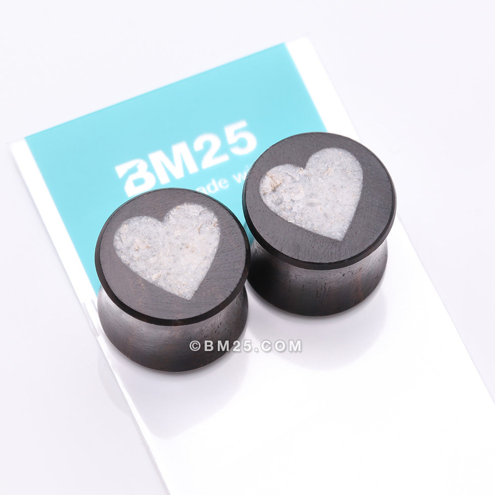 Detail View 3 of A Pair of Crystal Quartz Heart Inlay Ebony Wood Double Flared Ear Gauge Plug