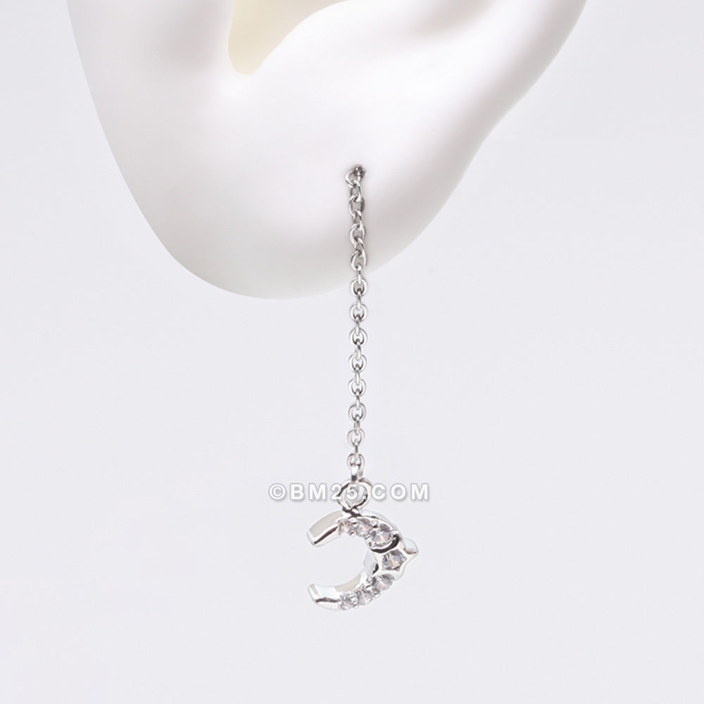 Detail View 1 of Chained Sparkle Crescent Moon Star Dangle Cartilage Barbell Earring-Clear Gem