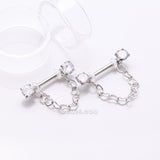 Detail View 1 of A Pair of Sparkle Chained Hollow Heart Internally Threaded Nipple Barbell-Clear Gem