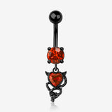 Blackline Tailed Devil's Heart Sparkle Dangle Belly Button Ring-Red