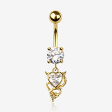 Golden Tailed Devil's Heart Sparkle Dangle Belly Button Ring-Clear Gem