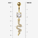 Detail View 1 of Golden Sparkle Snake Swiggly Dangle Belly Button Ring-Clear Gem