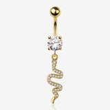 Golden Sparkle Snake Swiggly Dangle Belly Button Ring-Clear Gem