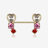 A Pair of Golden Heart Sparkle Journey Ombre Nipple Barbell-Red/Pink/Clear Gem