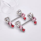 Detail View 1 of A Pair of Heart Sparkle Journey Ombre Nipple Barbell-Red/Pink/Clear Gem