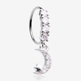 Crescent Moon and Star Sparkle Dangle Multi-Gem Lined Bendable Hoop Ring-Clear Gem