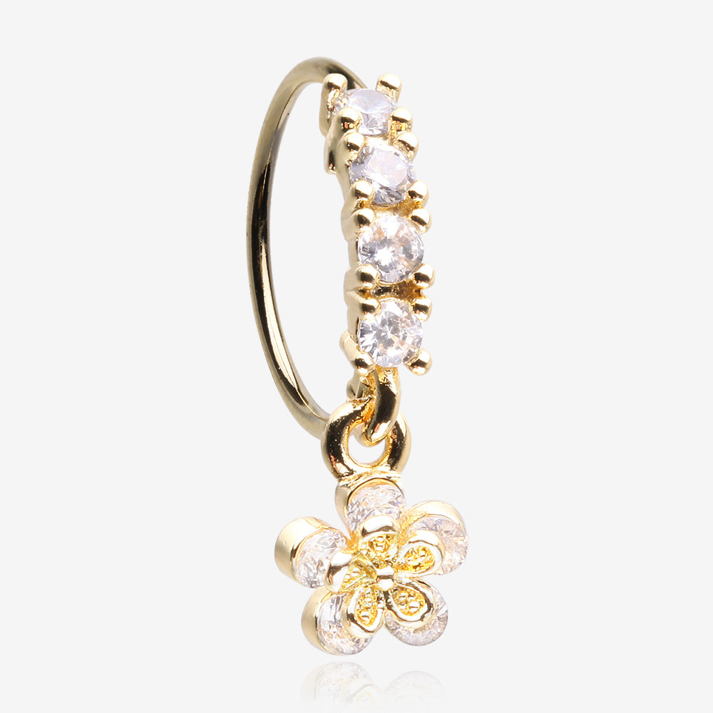 Golden Grand Daisy Flower Sparkle Multi-Gem Lined Bendable Hoop Ring-Clear Gem