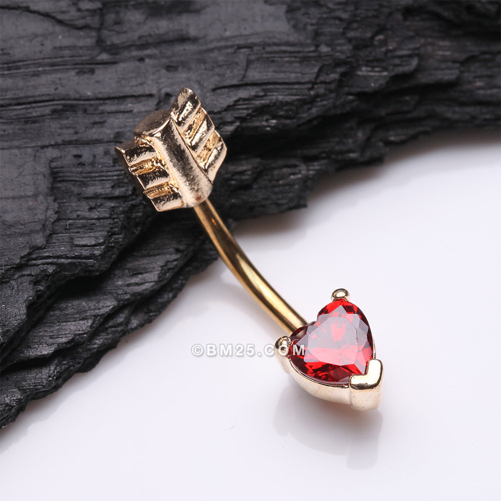 Detail View 2 of Golden Cupid's Arrow Heart Sparkle Belly Button Ring-Red