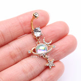 Detail View 3 of Golden Aurora Celestial Sparkle Sun and Moon Orbit Belly Button Ring-Clear Gem