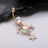 Detail View 2 of Golden Aurora Celestial Sparkle Sun and Moon Orbit Belly Button Ring-Clear Gem