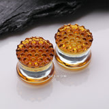 Detail View 1 of A Pair of Amber Honeycomb Glass Double Flared Plug