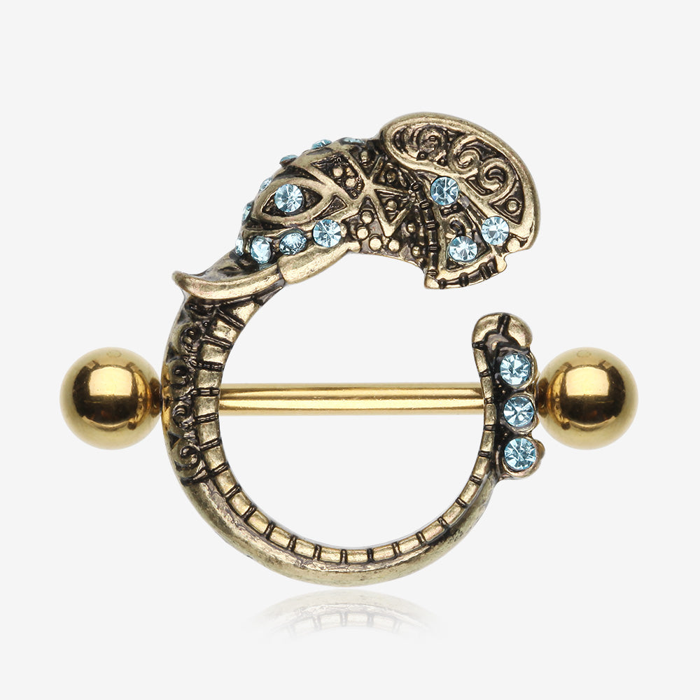 A Pair of Golden Ganesha Elephant Sparkle Nipple Shield Ring-Aqua