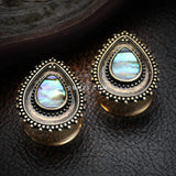 Detail View 1 of A Pair of Golden Vintage Chakra Abalone Ear Gauge Plug-Green