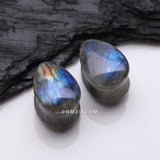 Detail View 1 of A Pair Of High Grade Labradorite Teardrop Convex Stone Double Flared Plug