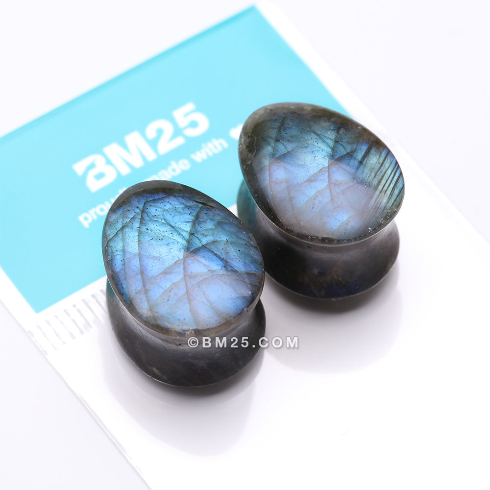 Detail View 3 of A Pair Of High Grade Labradorite Teardrop Convex Stone Double Flared Plug