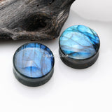 Detail View 1 of A Pair Of High Grade Labradorite Concave Stone Double Flared Plug
