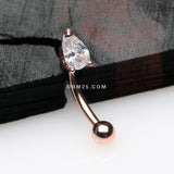 Detail View 1 of Rose Gold Teardrop Gem Sparkle Prong Set Curved Barbell-Clear Gem