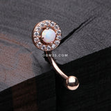 Detail View 1 of Rose Gold Brilliant Sparkle Gems Fire Opal Prong Set Curved Barbell-White Opal