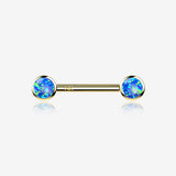 A Pair of 14 Karat Gold OneFit Threadless Round Fire Opal Bezel Set Nipple Barbell-Blue Opal