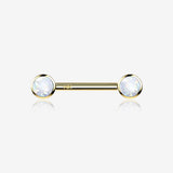 A Pair of 14 Karat Gold OneFit‚Ñ¢ Threadless Round Fire Opal Bezel Set Nipple Barbell-White Opal