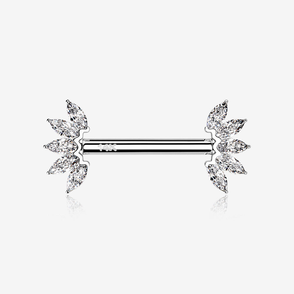 A Pair of 14 Karat White Gold OneFit‚Ñ¢ Threadless Marquise Sparkle Floral Nipple Barbell-Clear Gem