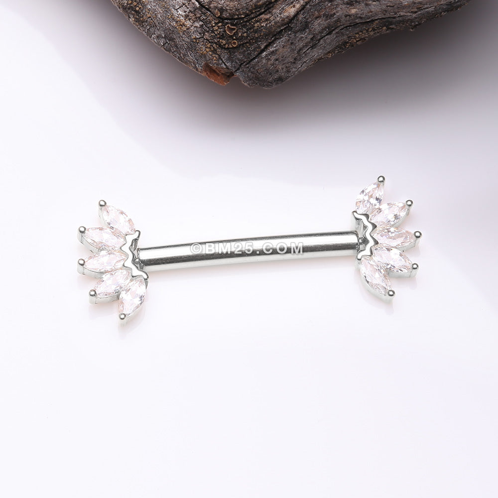Detail View 1 of A Pair of 14 Karat White Gold OneFit‚Ñ¢ Threadless Marquise Sparkle Floral Nipple Barbell-Clear Gem