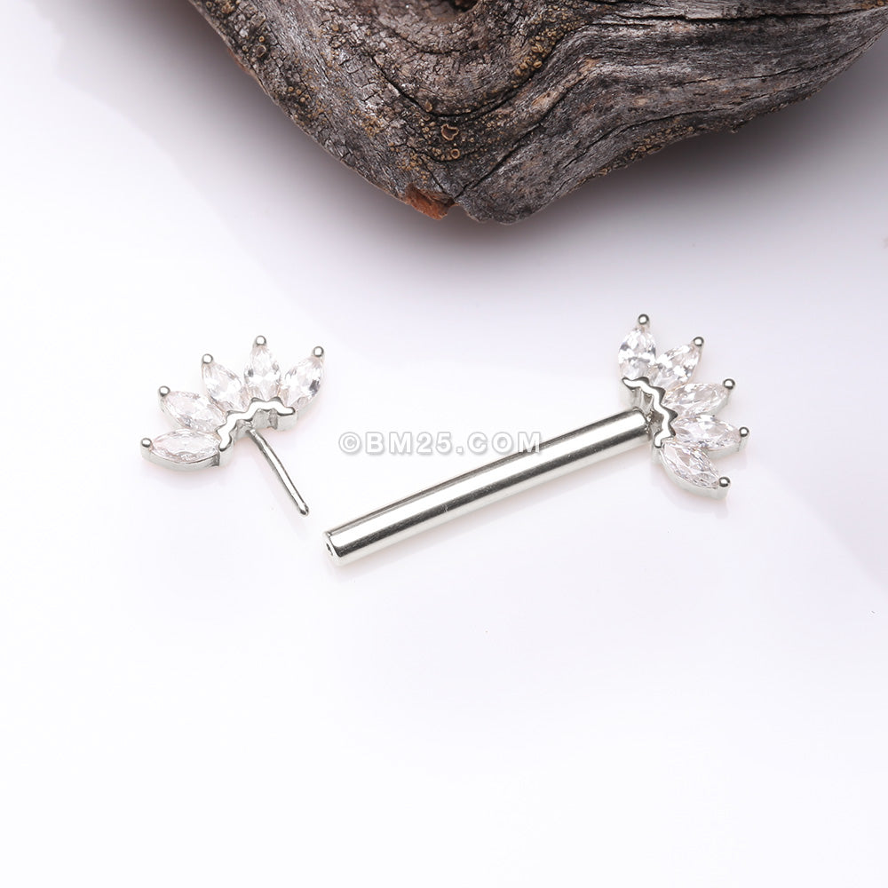 Detail View 2 of A Pair of 14 Karat White Gold OneFit‚Ñ¢ Threadless Marquise Sparkle Floral Nipple Barbell-Clear Gem