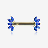 A Pair of 14 Karat Gold OneFit Threadless Marquise Sparkle Floral Nipple Barbell-Blue