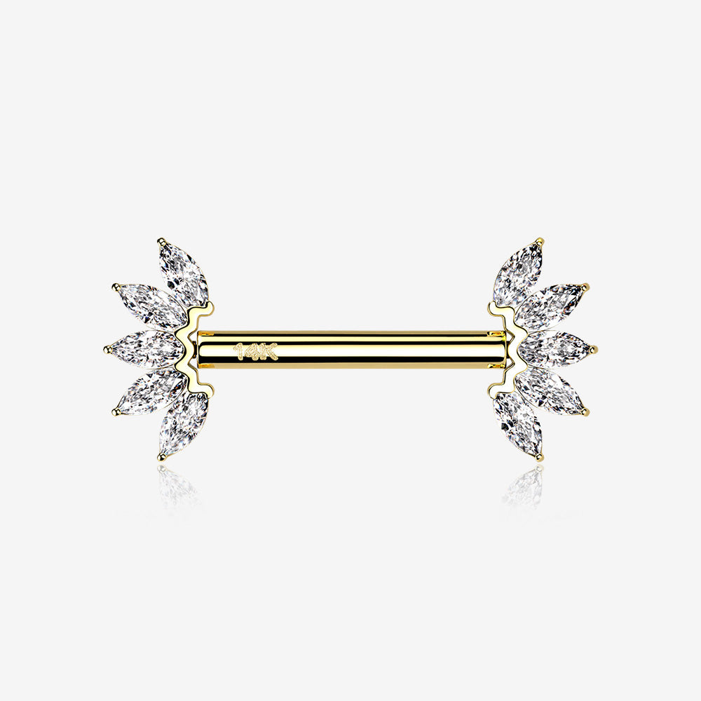 A Pair of 14 Karat Gold OneFit‚Ñ¢ Threadless Marquise Sparkle Floral Nipple Barbell-Clear Gem