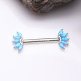 Detail View 1 of A Pair of 14 Karat White Gold OneFit Threadless Marquise Fire Opal Floral Nipple Barbell-Blue Opal