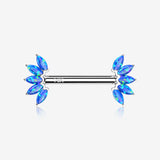 A Pair of 14 Karat White Gold OneFit Threadless Marquise Fire Opal Floral Nipple Barbell-Blue Opal