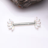 Detail View 1 of A Pair of 14 Karat White Gold OneFit Threadless Marquise Fire Opal Floral Nipple Barbell-White Opal