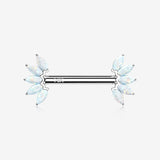 A Pair of 14 Karat White Gold OneFit Threadless Marquise Fire Opal Floral Nipple Barbell-White Opal