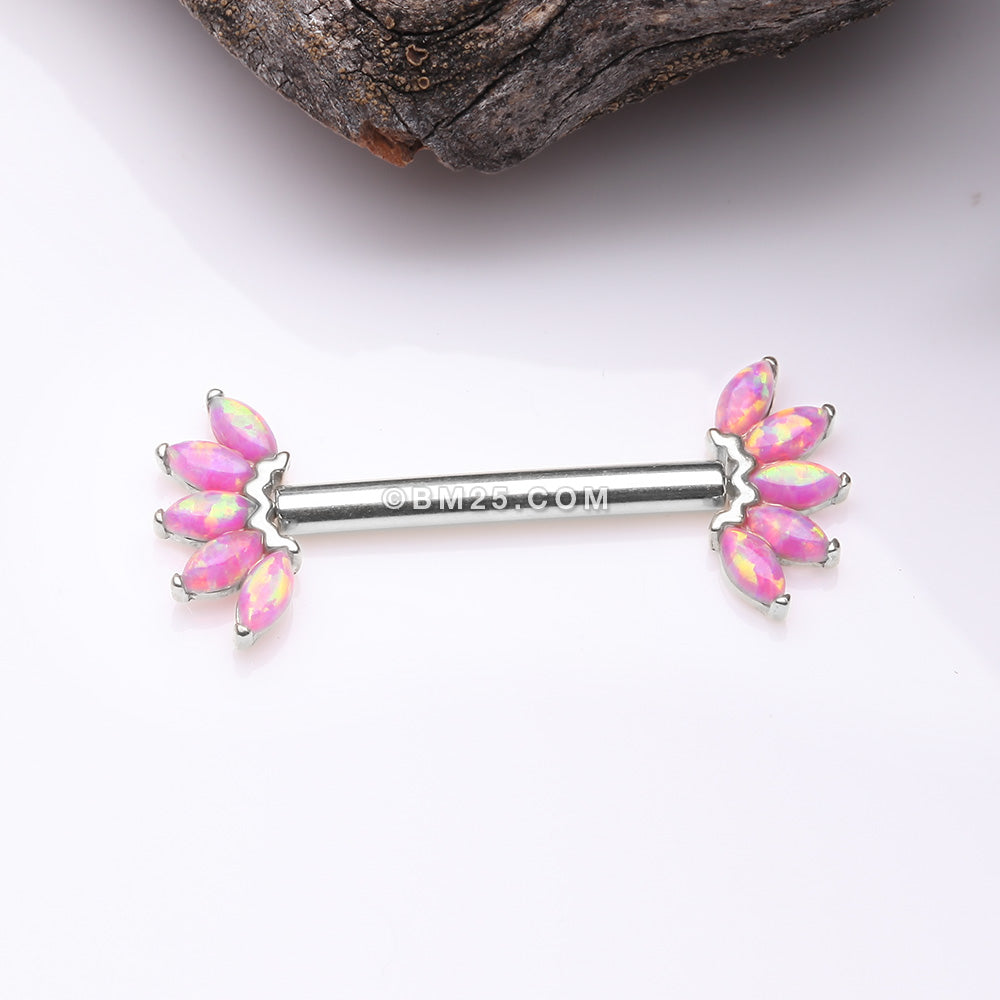 Detail View 1 of A Pair of 14 Karat White Gold OneFit‚Ñ¢ Threadless Marquise Fire Opal Floral Nipple Barbell-Pink Opal