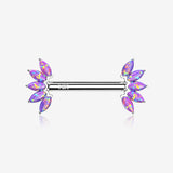 A Pair of 14 Karat White Gold OneFit Threadless Marquise Fire Opal Floral Nipple Barbell-Purple Opal