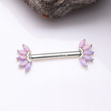 Detail View 1 of A Pair of 14 Karat White Gold OneFit Threadless Marquise Fire Opal Floral Nipple Barbell-Purple Opal
