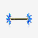 A Pair of 14 Karat Gold OneFit Threadless Marquise Fire Opal Floral Nipple Barbell-Blue Opal