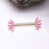 Detail View 1 of A Pair of 14 Karat Gold OneFit Threadless Marquise Fire Opal Floral Nipple Barbell-Pink Opal