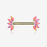 A Pair of 14 Karat Gold OneFit Threadless Marquise Fire Opal Floral Nipple Barbell-Pink Opal