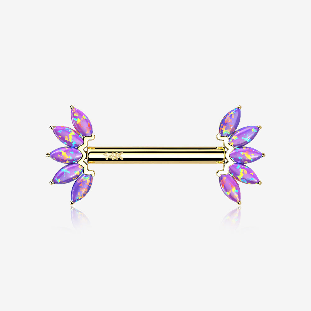 A Pair of 14 Karat Gold OneFit‚Ñ¢ Threadless Marquise Fire Opal Floral Nipple Barbell-Purple Opal