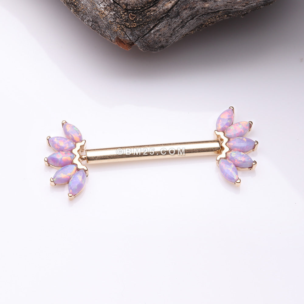 Detail View 1 of A Pair of 14 Karat Gold OneFit‚Ñ¢ Threadless Marquise Fire Opal Floral Nipple Barbell-Purple Opal